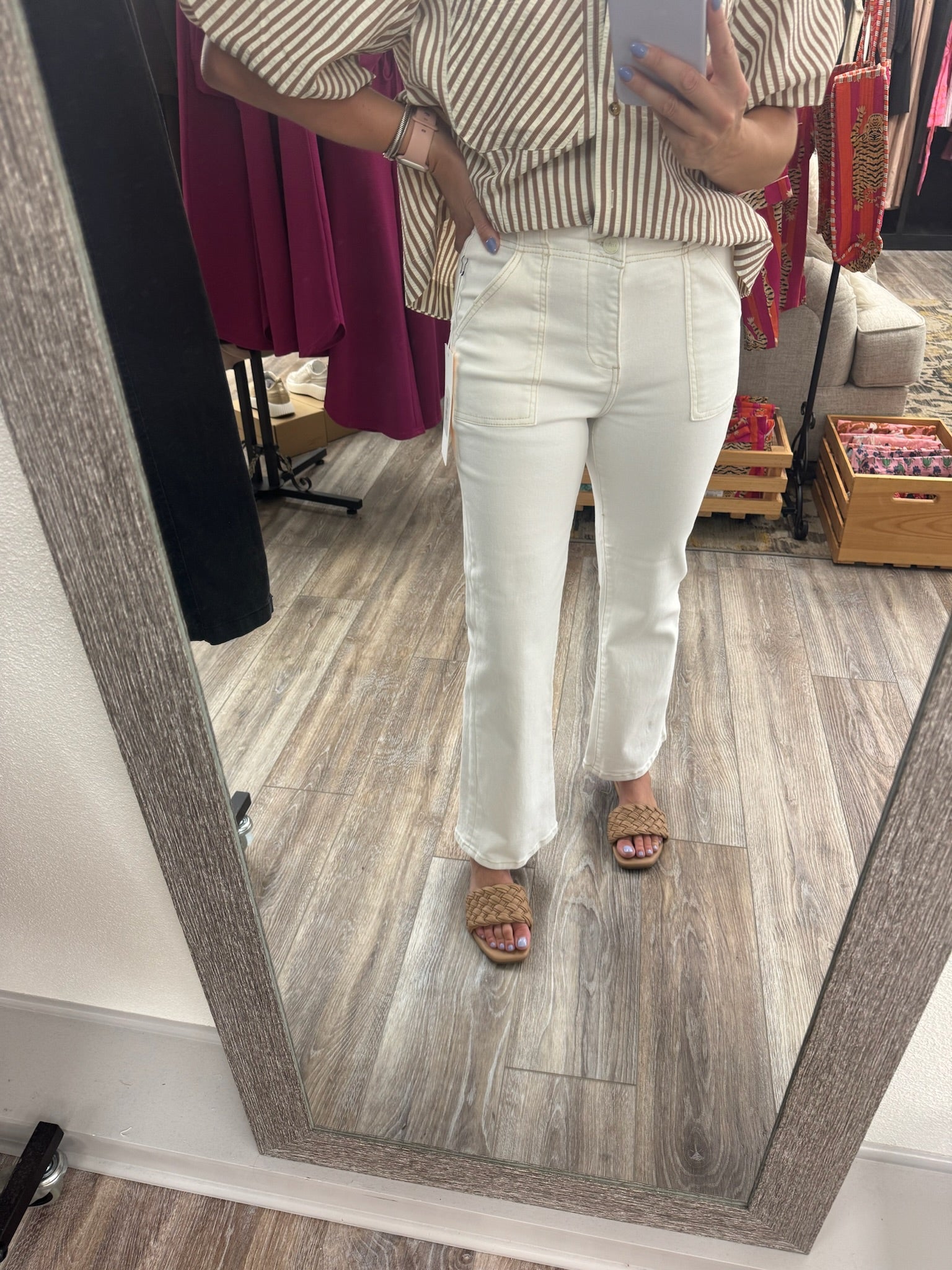Risen High-Rise Ankle Flare, Patch Pocket Cream Jeans
