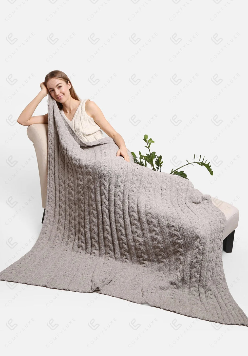Braided Cable Knit Luxury Soft Throw Blanket - Gray