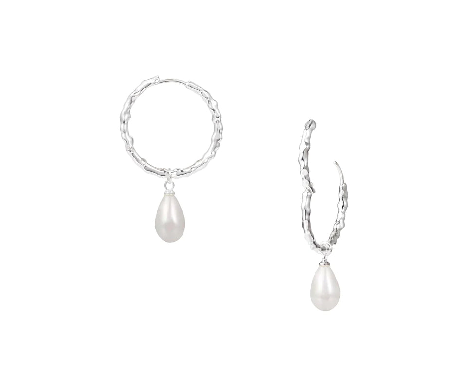 Natalie Wood Design Adorned Pearl Drop Huggie Earrings In Silver