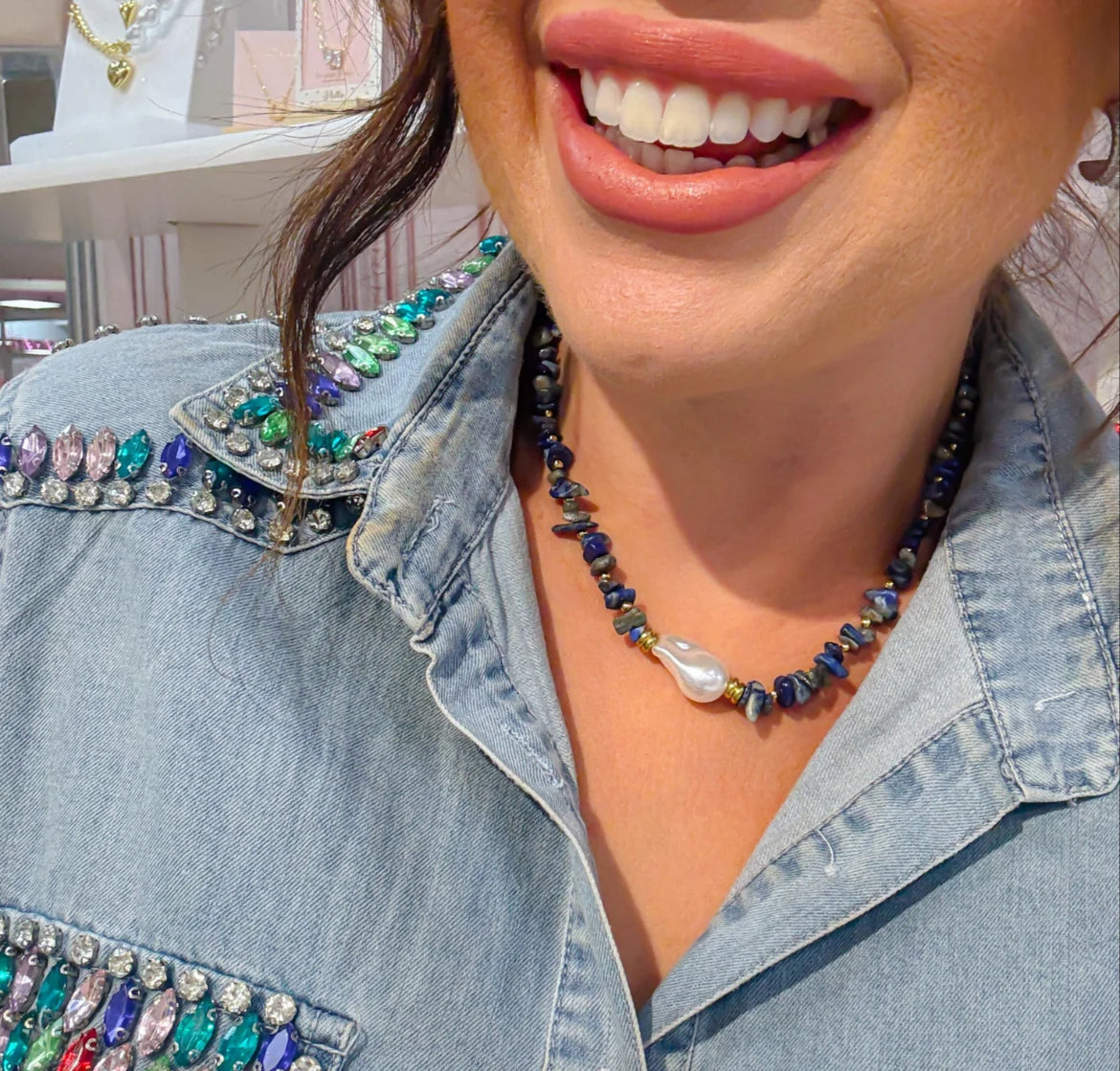 Enchanted Pearl Navy Blue  Gemstone Necklace