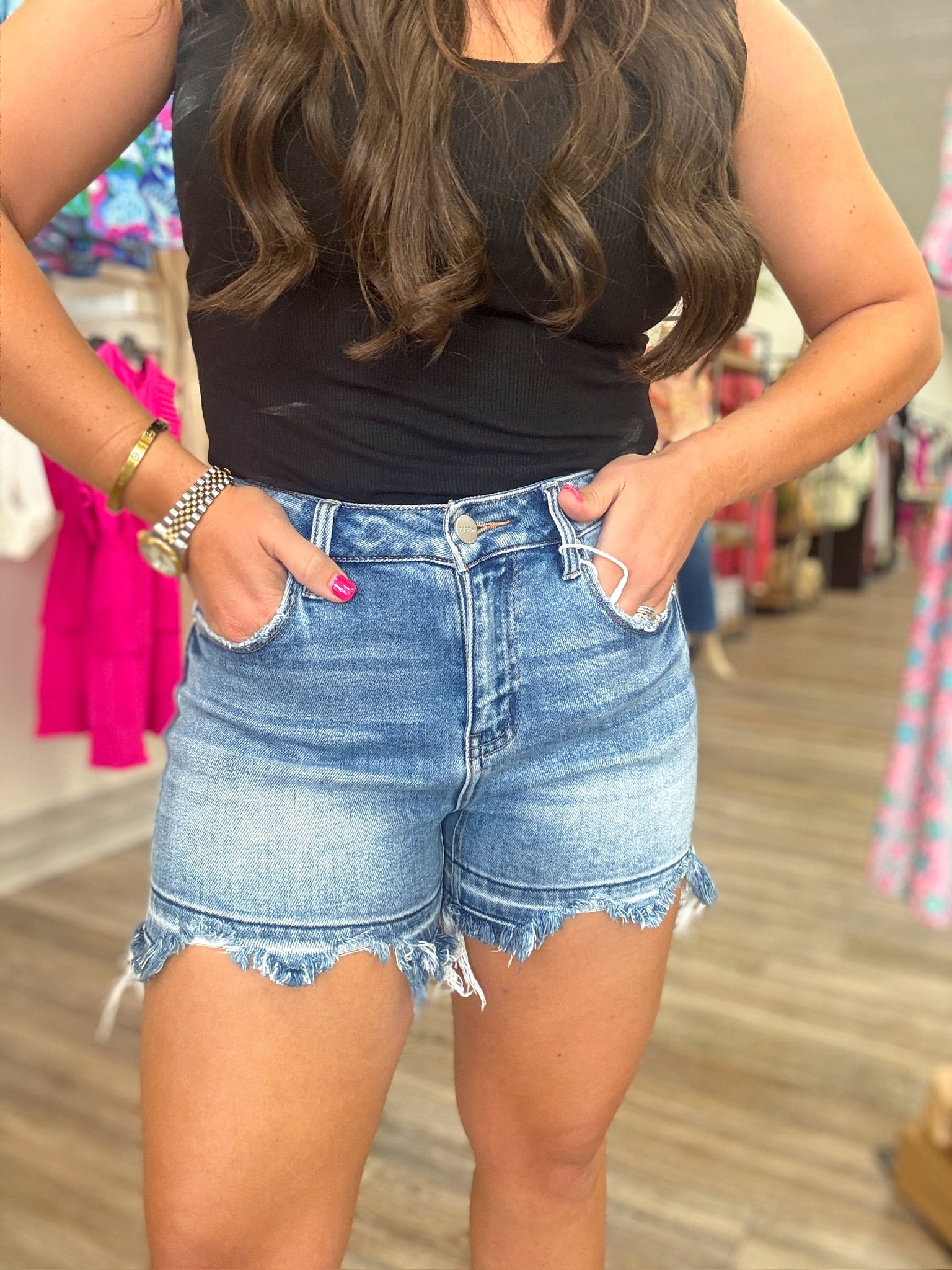 Risen High Rise Released Hem Shorts