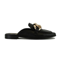 Black mule with gold chain embellishment