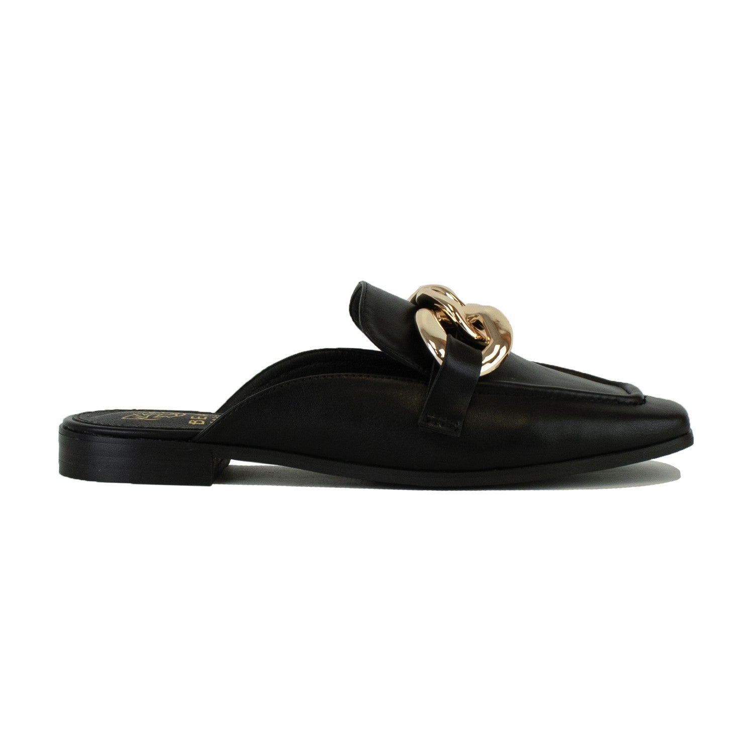 Black mule with gold chain embellishment