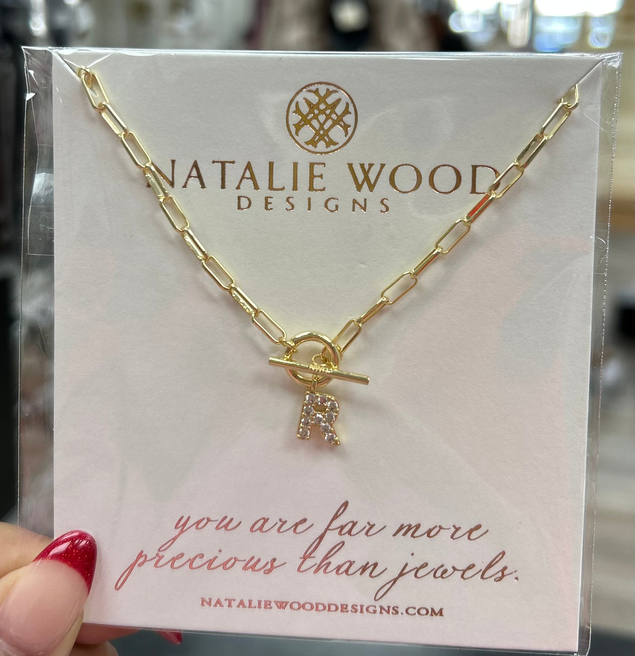 Natalie Wood Sparkle Mini Toggle Initial “R” Necklace in Gold