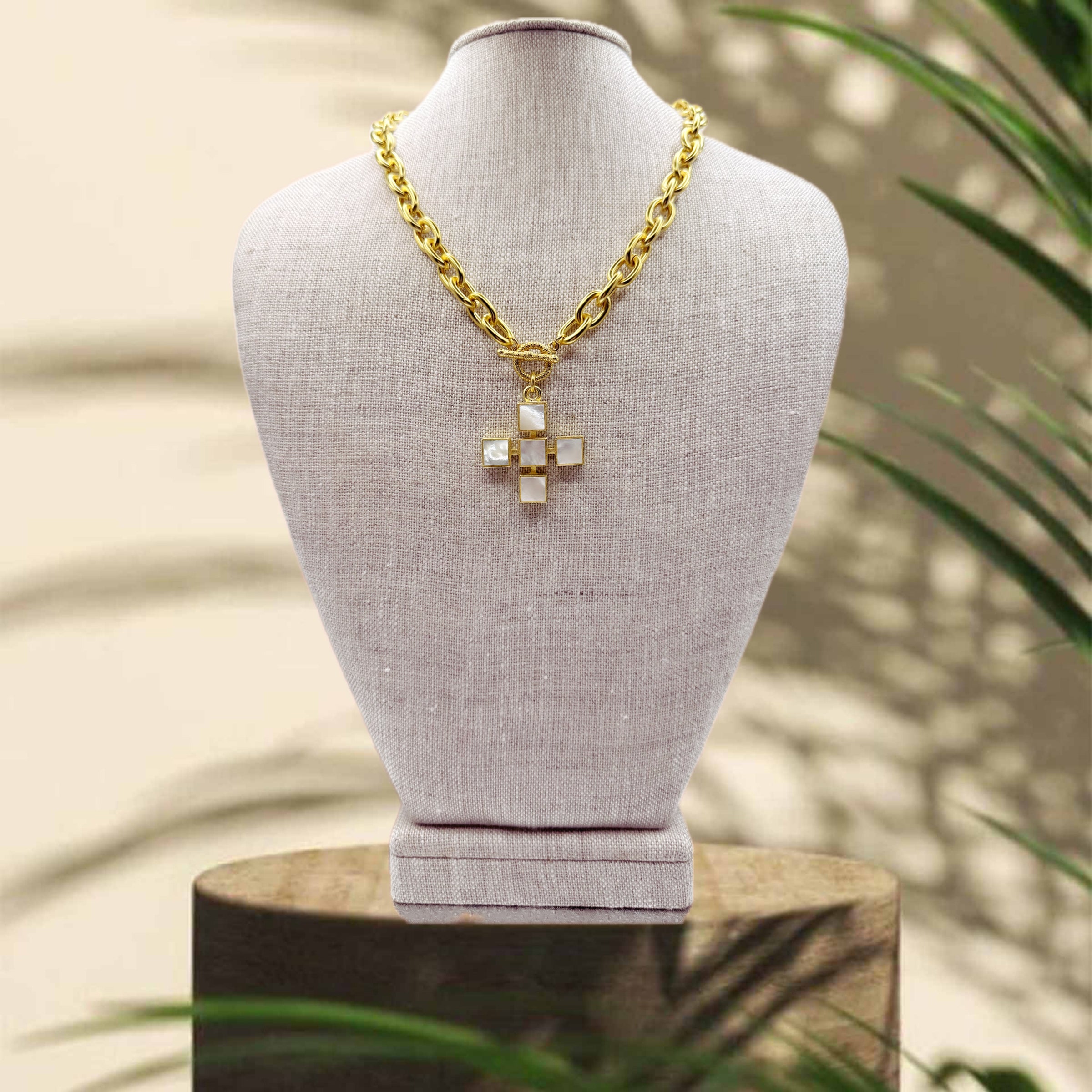 Weisinger design 18” toggle necklace with mother of pearl stone cross necklace