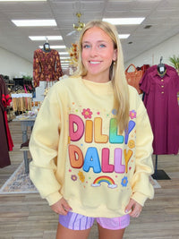 Butter yellow Dilly Dally Sweatshirt - Mock Neck butter yellow sweatshirt with rainbow print - bucketlist