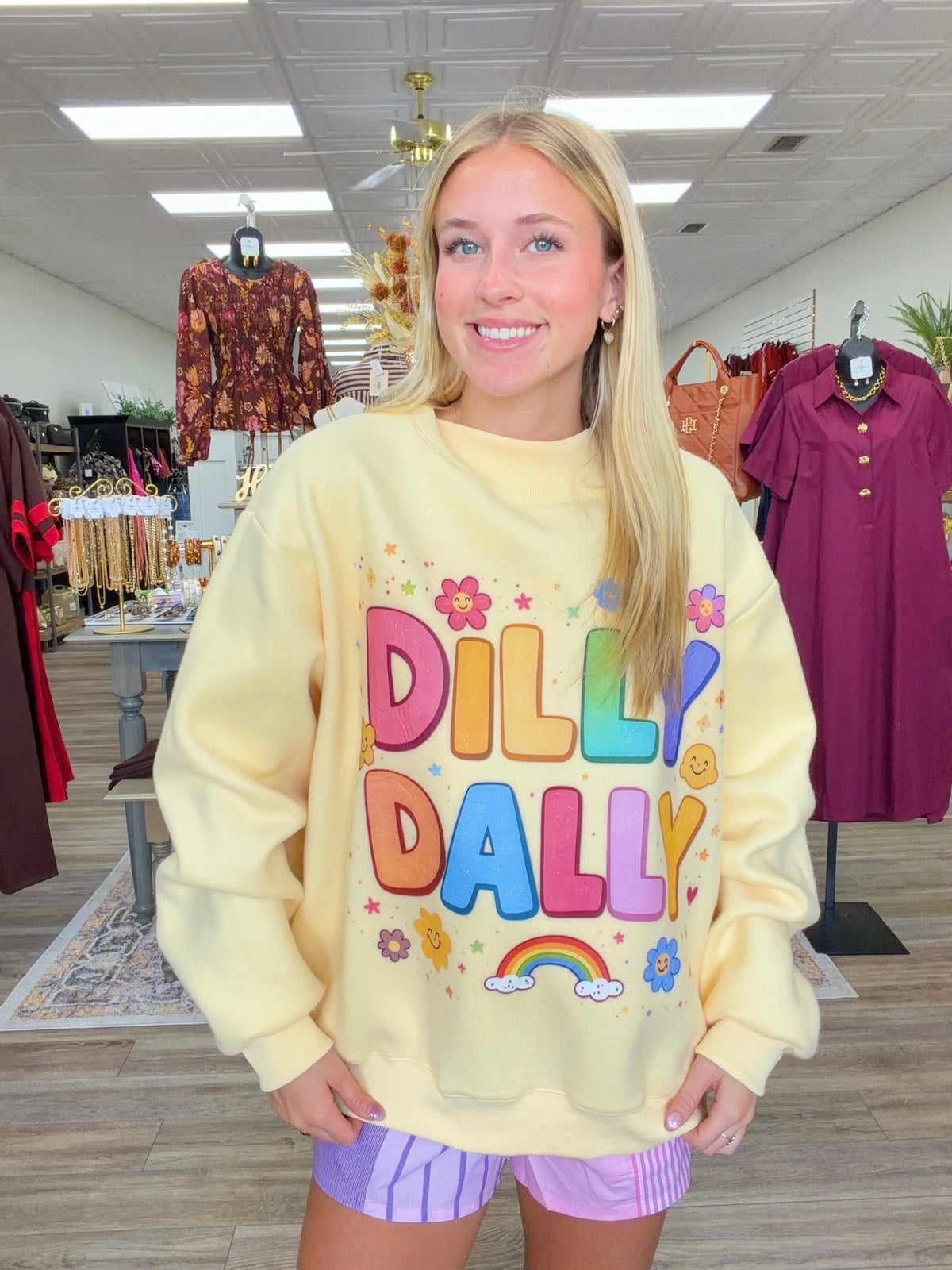 Butter yellow Dilly Dally Sweatshirt - Mock Neck butter yellow sweatshirt with rainbow print - bucketlist