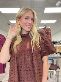 Sweet as Cocoa Blouse - Rich chocolate brown eyelet top featuring intricate crochet detailing, dramatic puff sleeves, and a feminine ruffled neckline.