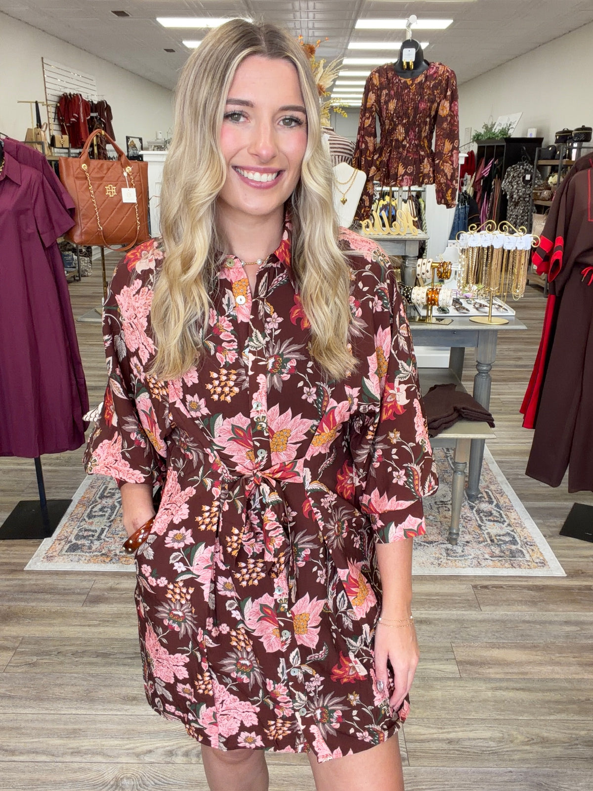Donna Floral Dress  - Button Down Long Sleeve Collar Neckline Dress