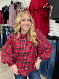 The Kelly Long Sleeve Top - Plaid Button Down Collar Detail