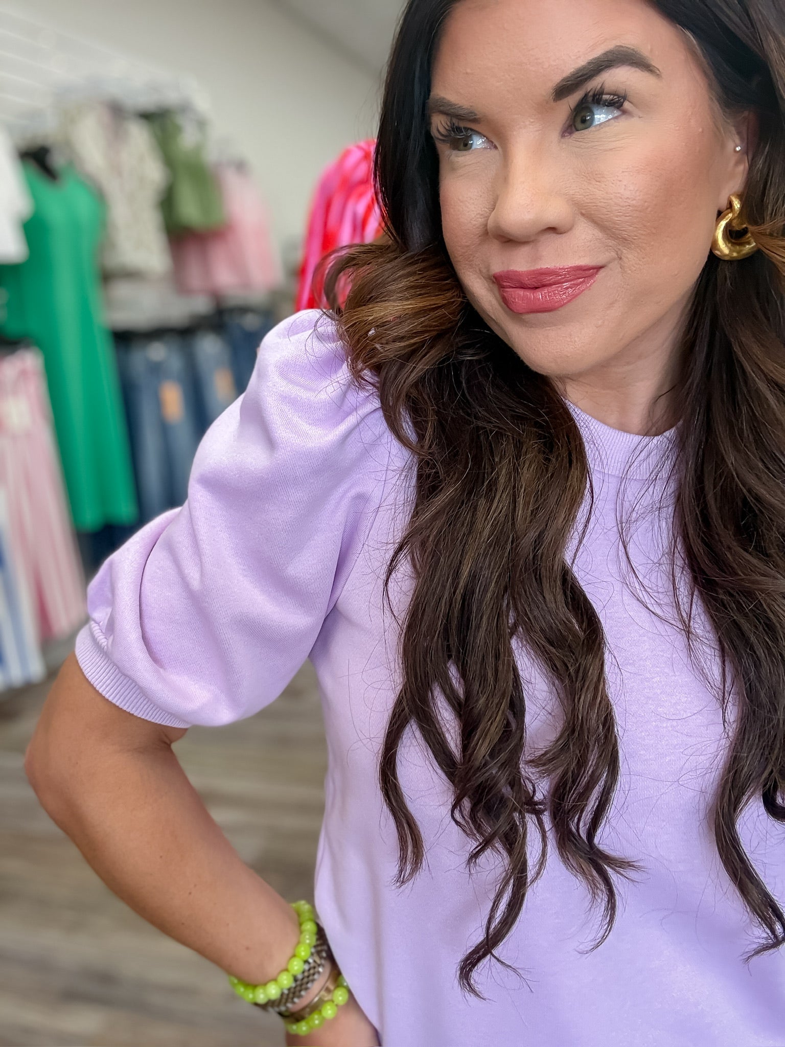 The Frances Top - Lavender   - Crew Neck Short Puff Sleeve Knit Top - TCEC