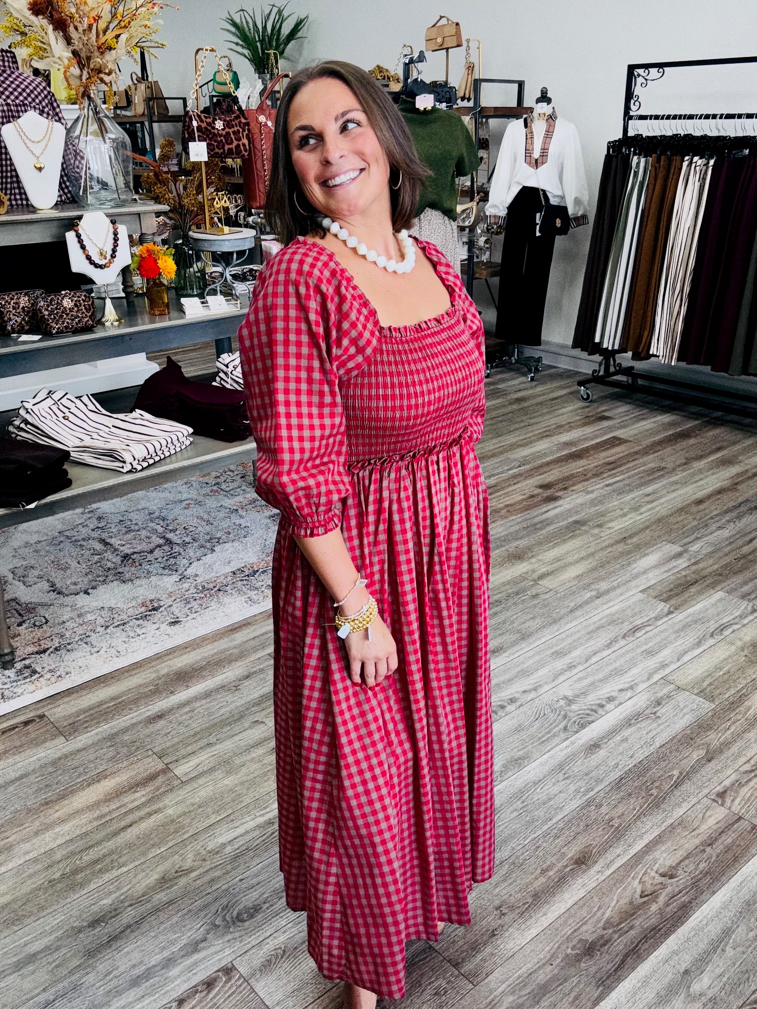Sweet Magnolia Gingham Smocked Midi Dress