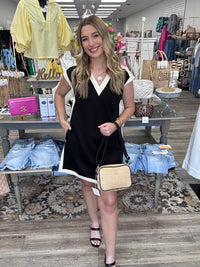 The Randi Dress - Black short dress with v neck and white outline - Jodifl
