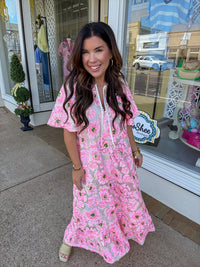 The Talulah Pink Blossom
Dress - Pink Floral Sequin with Puff Sleeve Flowy Dress - BuddyLove