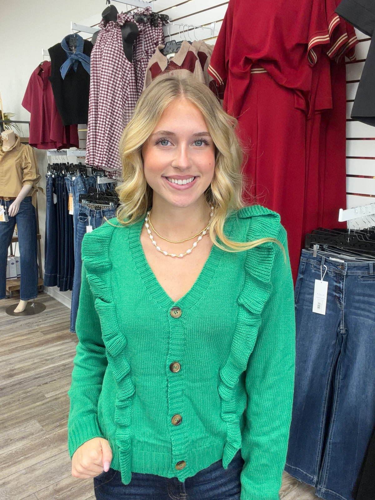 Emerald Charm Ruffle Knit Cardigan