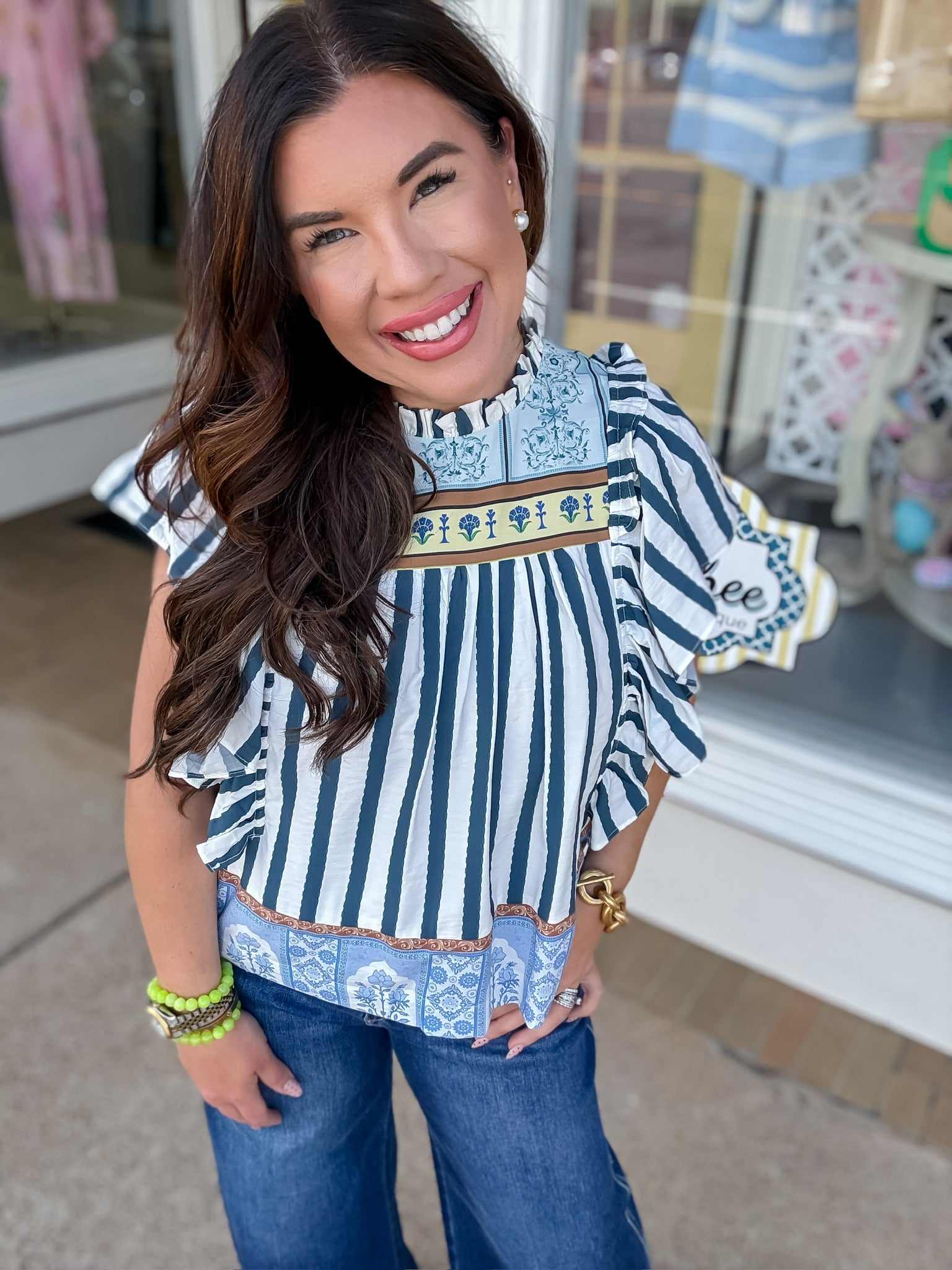 The Sarah Top - Striped Print Ruffled Detail Cap Sleeve Top - TCEC