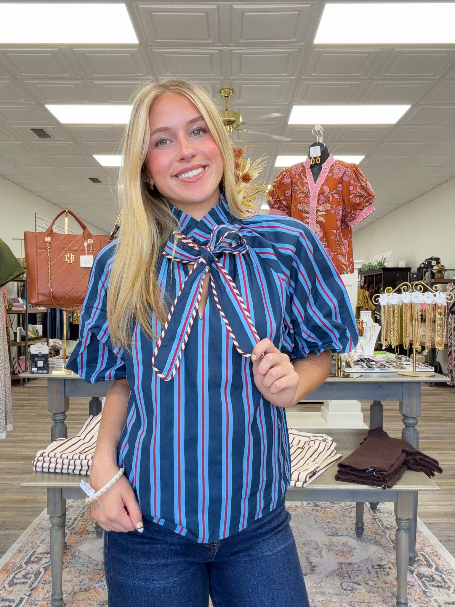 The Gayla Striped Top - Puff Sleeve Tie Front Striped Top