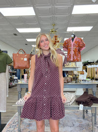 The Nicole Polk Dot Dress - Demin Material button-down sleeveless tie collar detail ￼