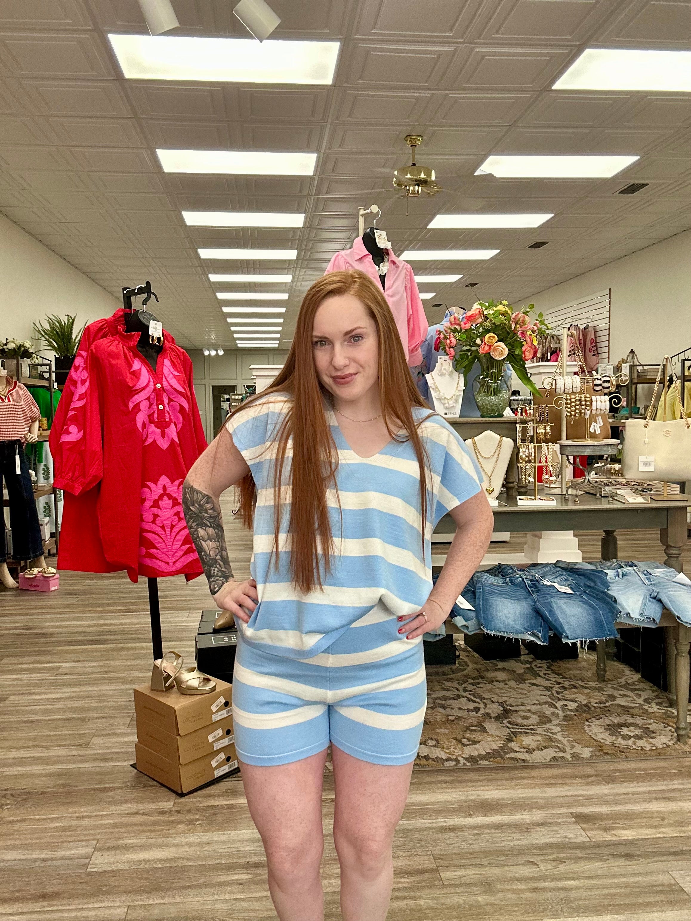 The Jackie Set - Blue Striped V Neck Top With Comfortable Flowy Shorts - HYFVE