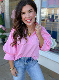 The Iris Top - Pink V Neck Collar Puff Sleeve- Entro