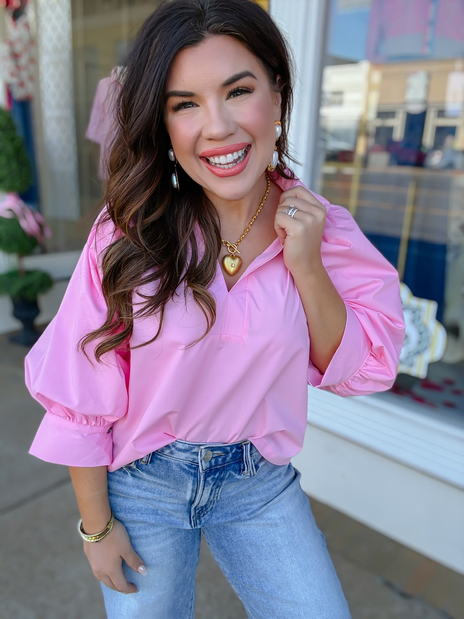 The Iris Top - Pink V Neck Collar Puff Sleeve- Entro