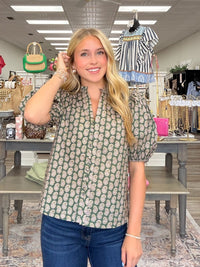 Olive Grove Paisley Blouse - 
Olive green with a delicate paisley print