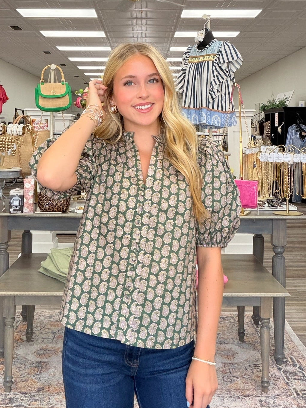 Olive Grove Paisley Blouse - 
Olive green with a delicate paisley print