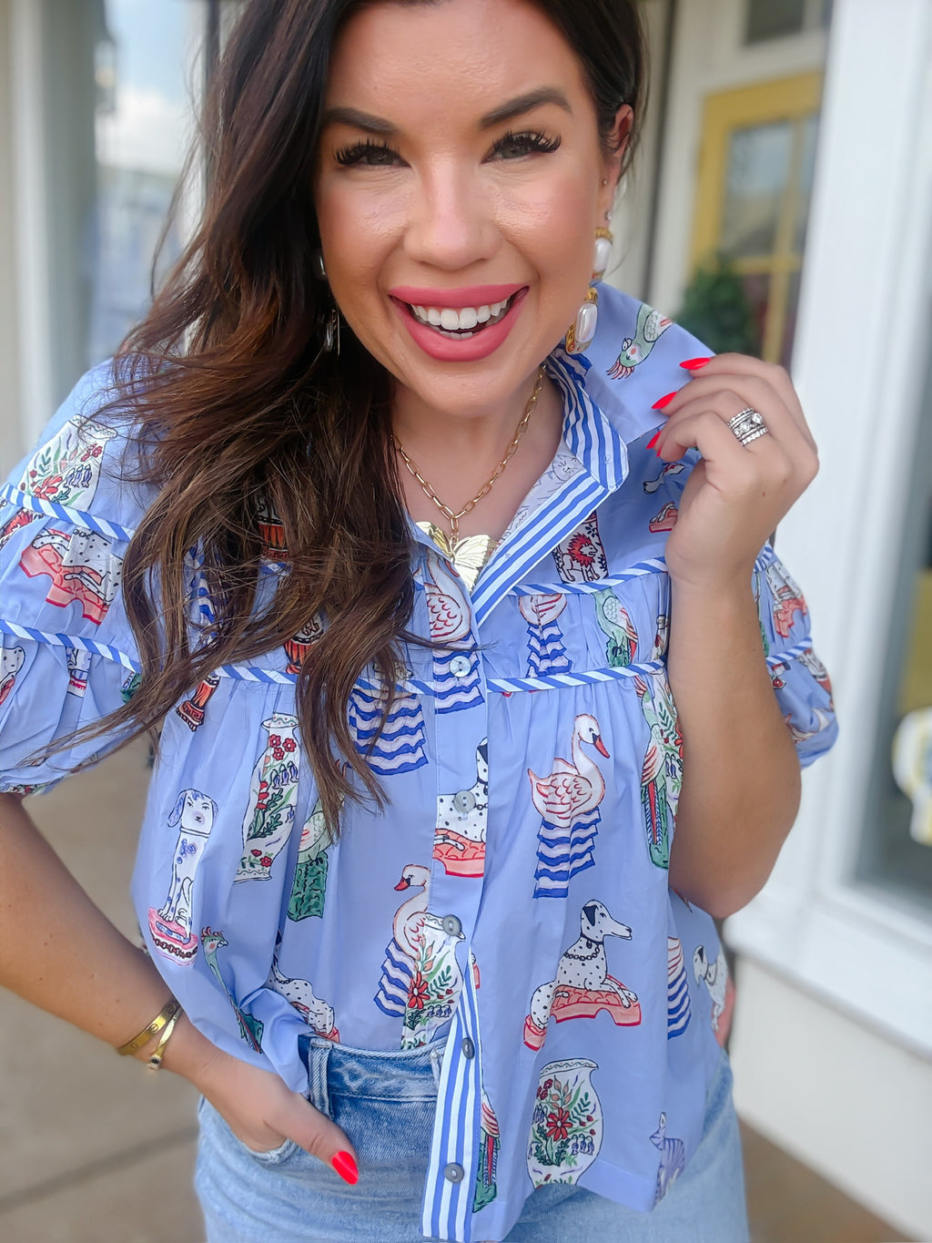 The Daphne Top - Puff Sleeve C Neck Button Down - Entro – SoShee Boutique