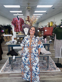 Ivory & Blue Floral Print Shirt Dress