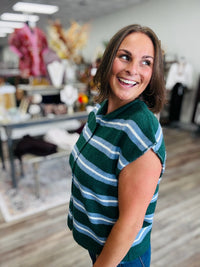The Sheri Sleeveless Sweater - Hunter Green Soft Striped Cozy Button Down Sweater