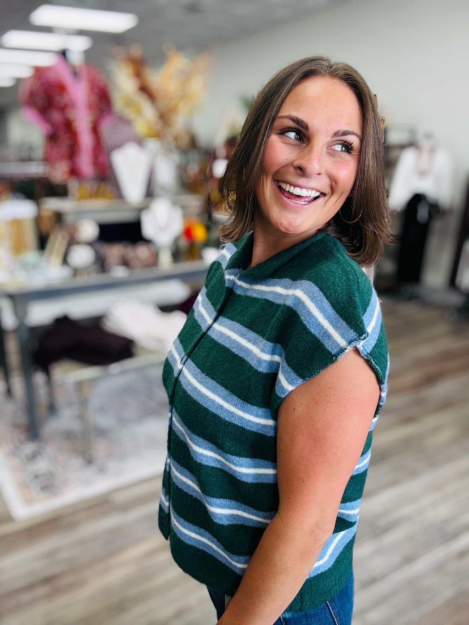 The Sheri Sleeveless Sweater - Hunter Green Soft Striped Cozy Button Down Sweater