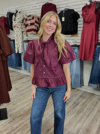 Rosie puff sleeve top with peplum and attached twilly tie at neck-burgundy- entro