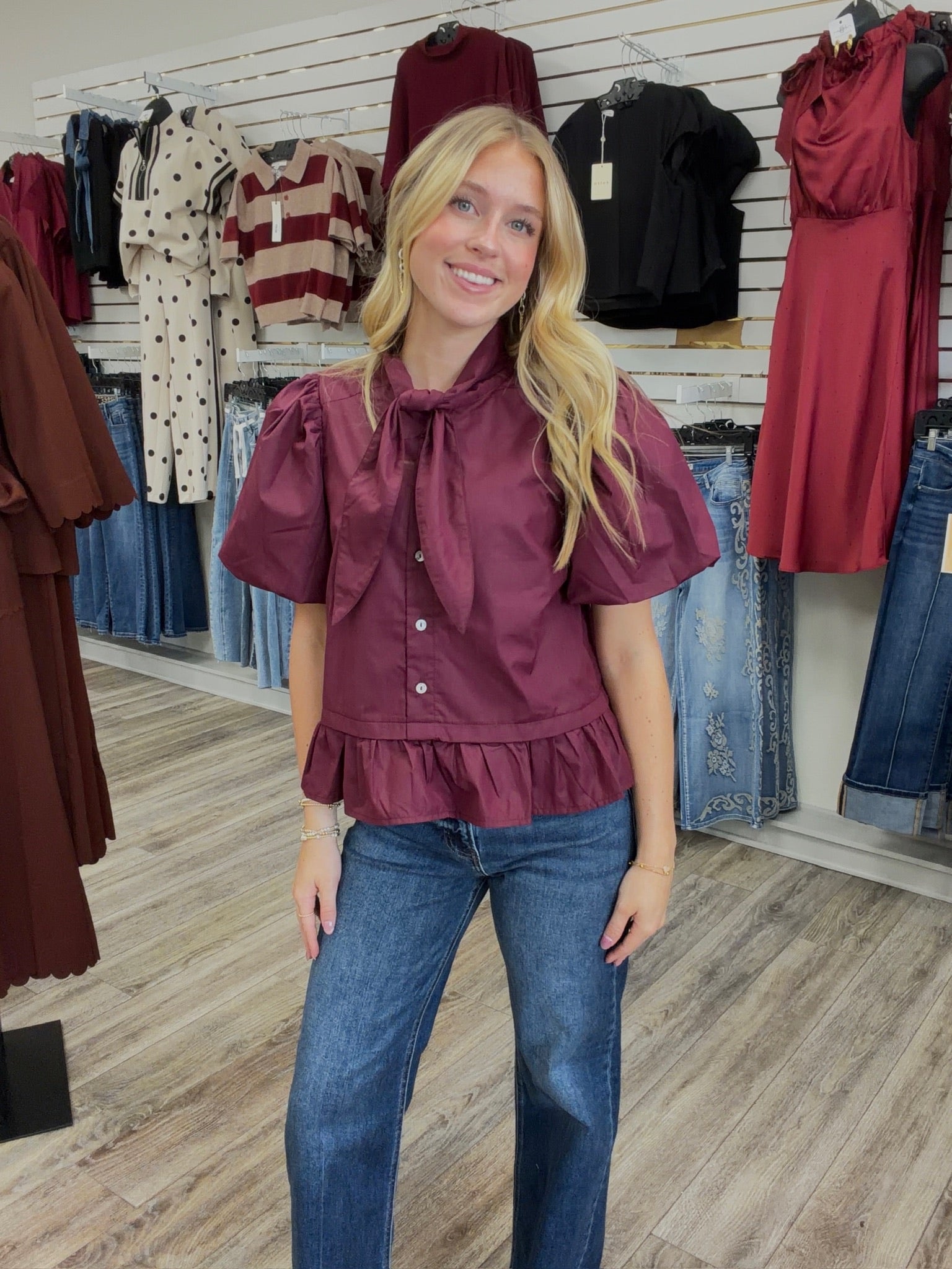 Rosie puff sleeve top with peplum and attached twilly tie at neck-burgundy- entro