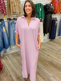 The Charlotte Gingham Dress - Pink Sihouette V Neck Collar - Entro