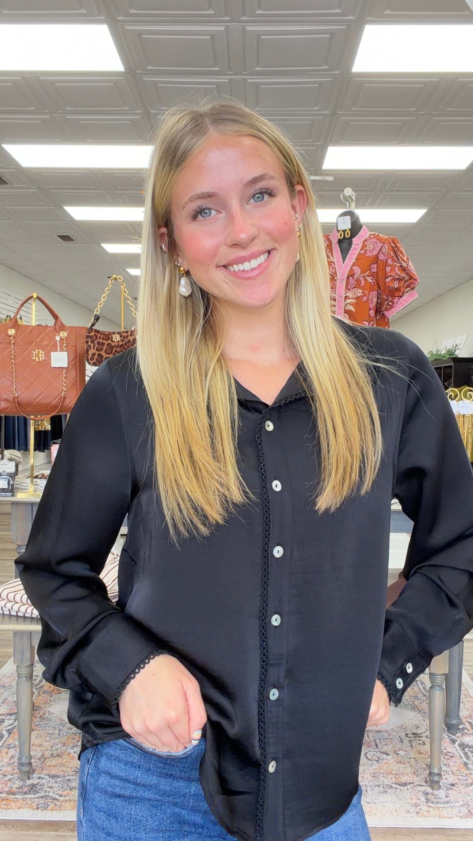 The Jody Top - Black Long Sleeve Satin Button up Collar Detail