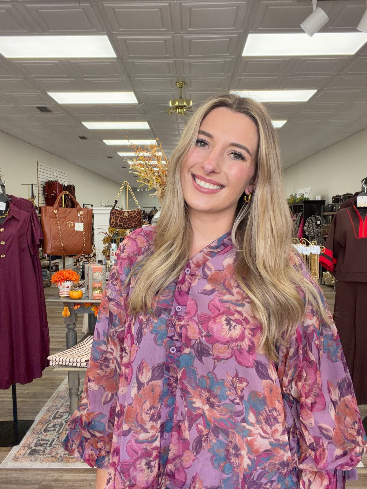 Plum in Bloom Blouse - flowy plum floral blouse featuring a colorful vintage-inspired print, button-front detailing, and feminine billowy sleeves