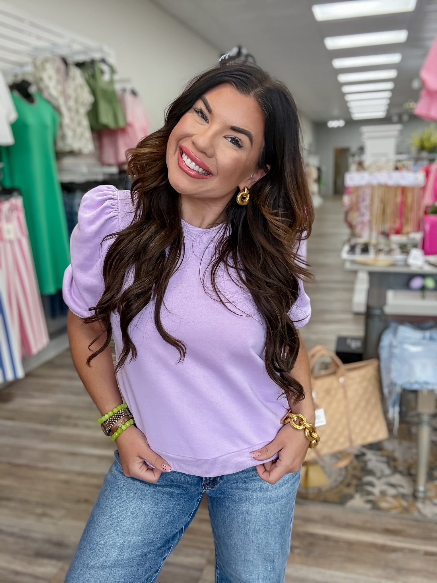 The Frances Top - Lavender   - Crew Neck Short Puff Sleeve Knit Top - TCEC