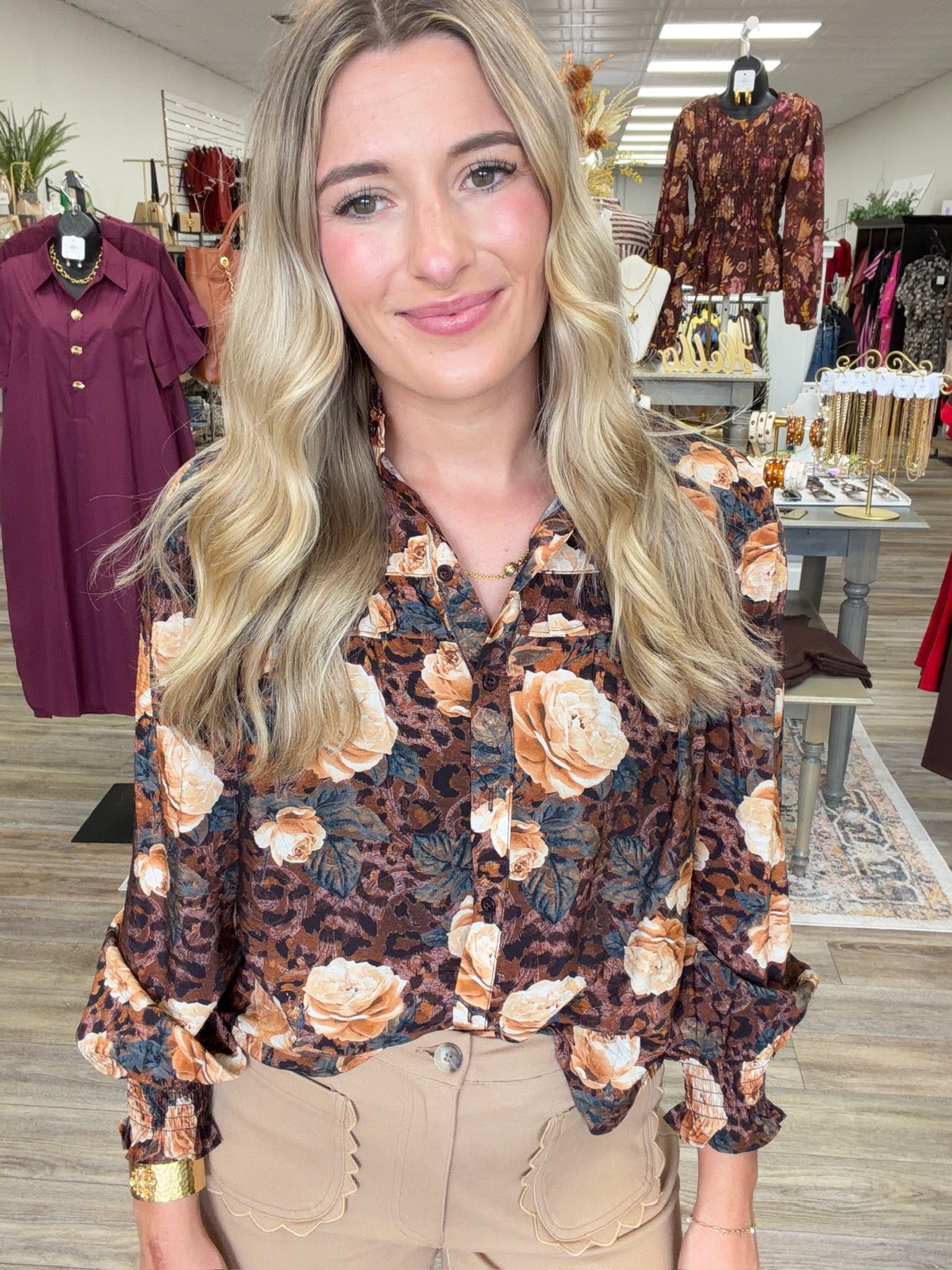 Autumn Wild Rose Leopard Print Button-Front Blouse – High Neck Long Sleeve Women's Top