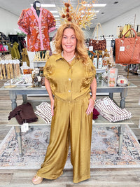 The Amanda Mustered Pant Set - Collar blouse with short sleeve band sleeve high waist wide leg pants