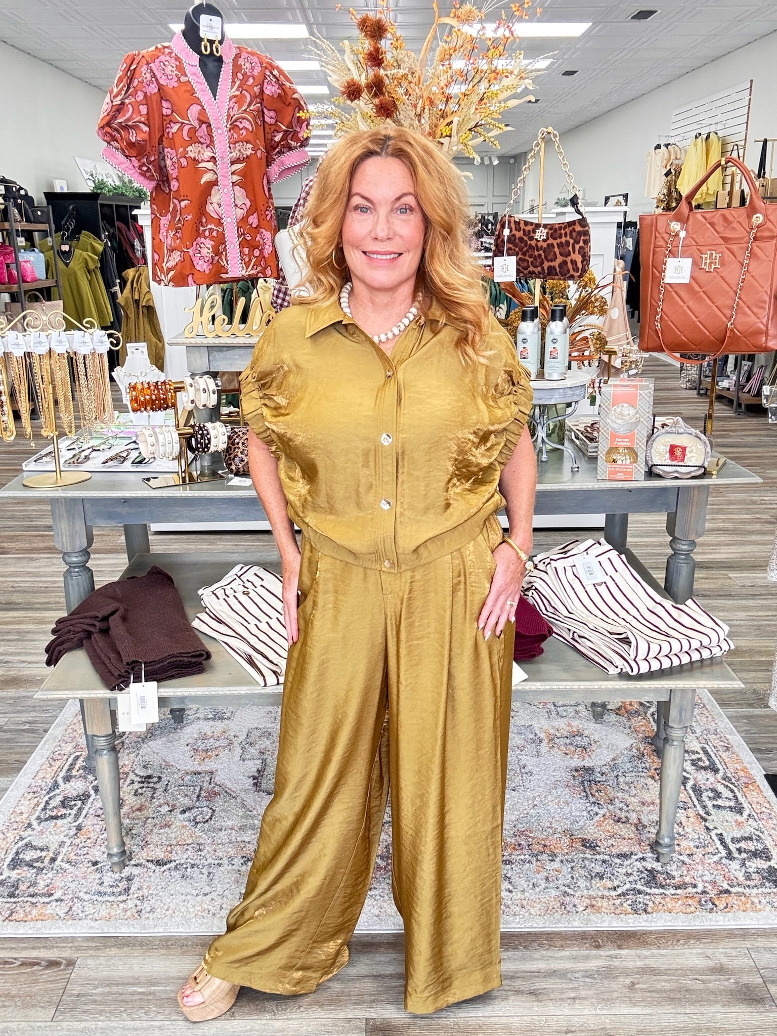 The Amanda Mustered Pant Set - Collar blouse with short sleeve band sleeve high waist wide leg pants