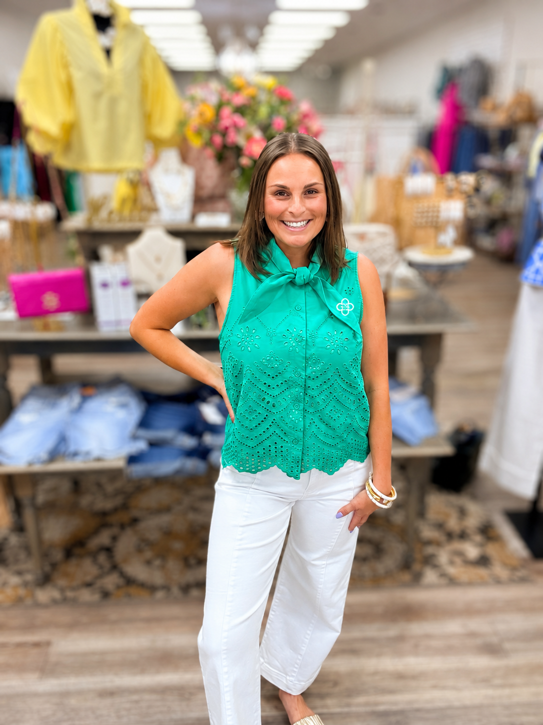 The Peggy top - button down sleeveless green top with neck tie - Entro