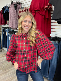 The Kelly Long Sleeve Top - Plaid Button Down Collar Detail