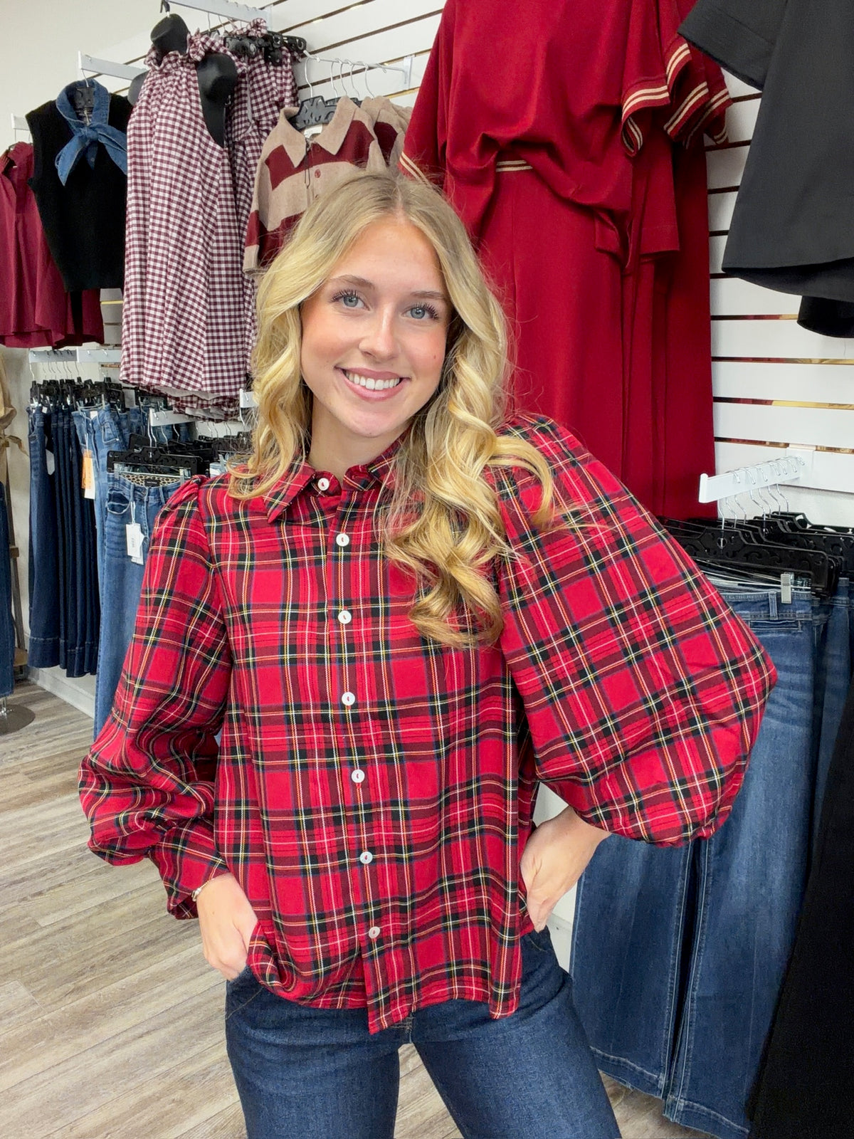 The Kelly Long Sleeve Top - Plaid Button Down Collar Detail