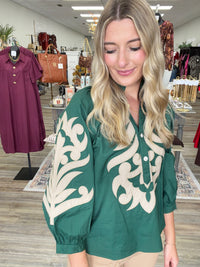 Emerald Heirloom Appliqué Ruffle Blouse