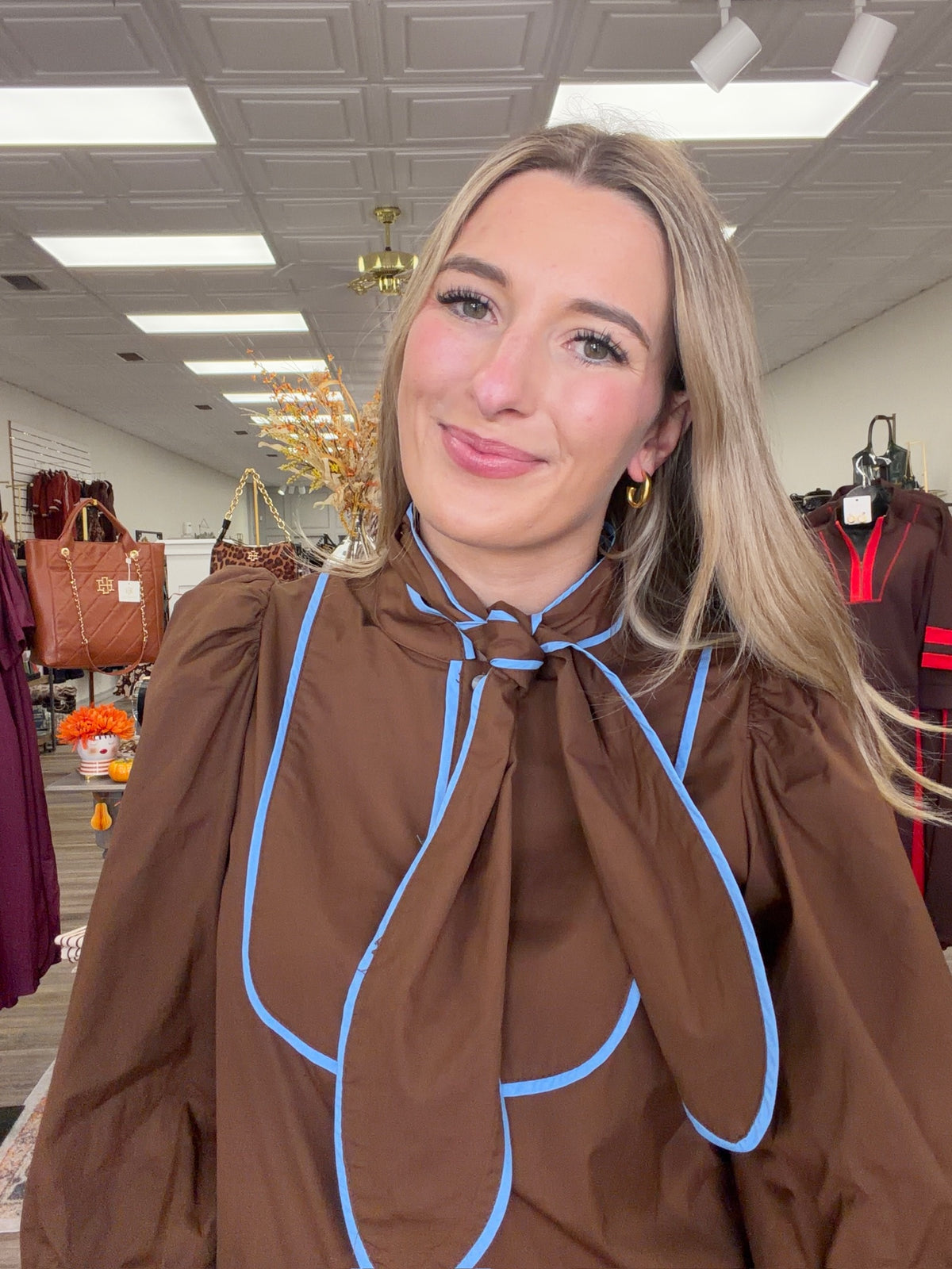 Saddle blue top - brown blouse with blue detailing, features neck tie scarf and cuffed sleeves