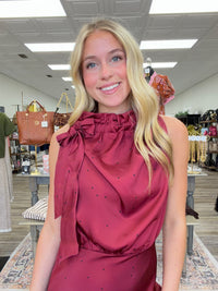 The Natalie Dress  - Ruffle Tie Neck Sleeveless Polka Dot Midi Dress