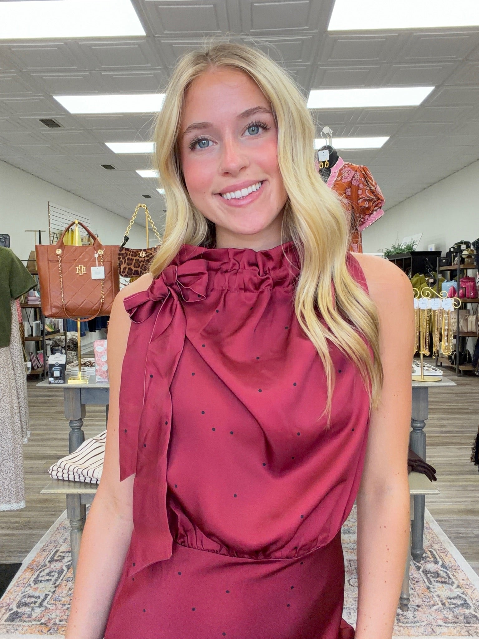 The Natalie Dress  - Ruffle Tie Neck Sleeveless Polka Dot Midi Dress
