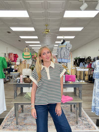 Coastal stripe polo - Short-sleeve striped polo top with dark green and soft pink horizontal stripes, featuring a cream collar and button placket