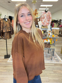 The Morgan sweater - brown knit sweater, exposed seam detailing, dropped shoulders, and ribbed trim at the neckline, cuffs, and hem