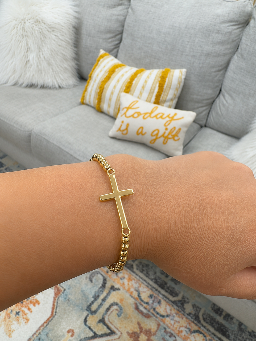 Beaded stretch, gold sideways, cross bracelet-steel 18 karat gold overlay
